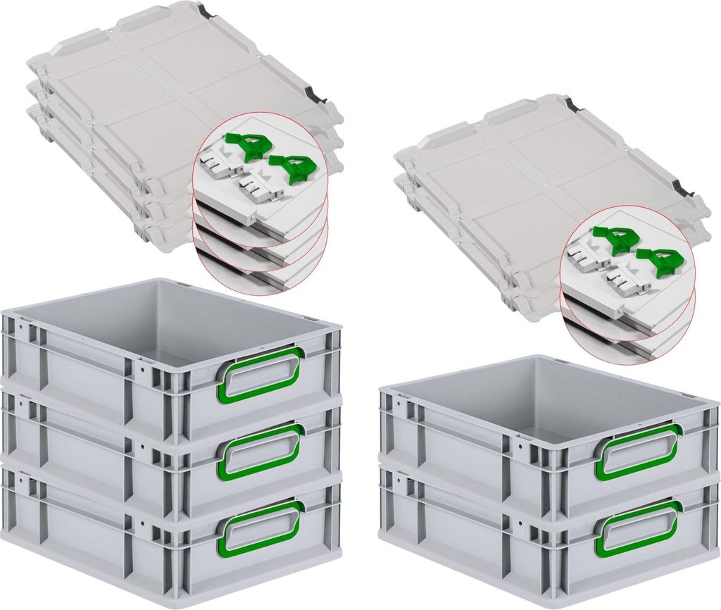 SuperSparSet 5x Eurobox NextGen Color mit Scharnierdeckel und Schiebeschnappverschlüssen | HxBxT 12x30x40cm | 11 Liter | Griffe grün geschlossen ...