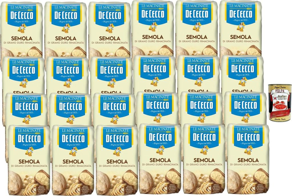 De Cecco Semola di Grano Duro Rimacinata 24 x 1kg | Italienischer Hartweizengrieß für Pasta, Brot & Pizza, lange Teigführung + Italian Gourmet p...