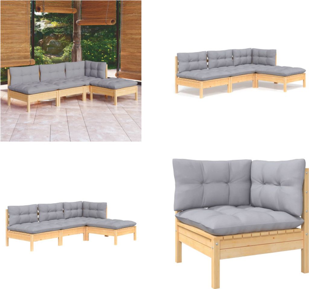 vidaXL 4 tlg. Garten Lounge Set mit Grauen Kissen Kiefernholz - Garten-Lounge-Set - Garten-Lounge-Sets - Gartenmöbel-Set - Gartenmöbel-Sets