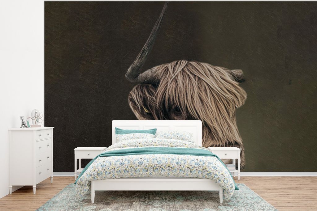 MuchoWow Fototapete für Wohnzimmer oder Schlafzimmer Wandtapete Vinyl Motivtapete Schottischer Highlander - Malerei - Tierkopf - 295x220 cm - Wa...