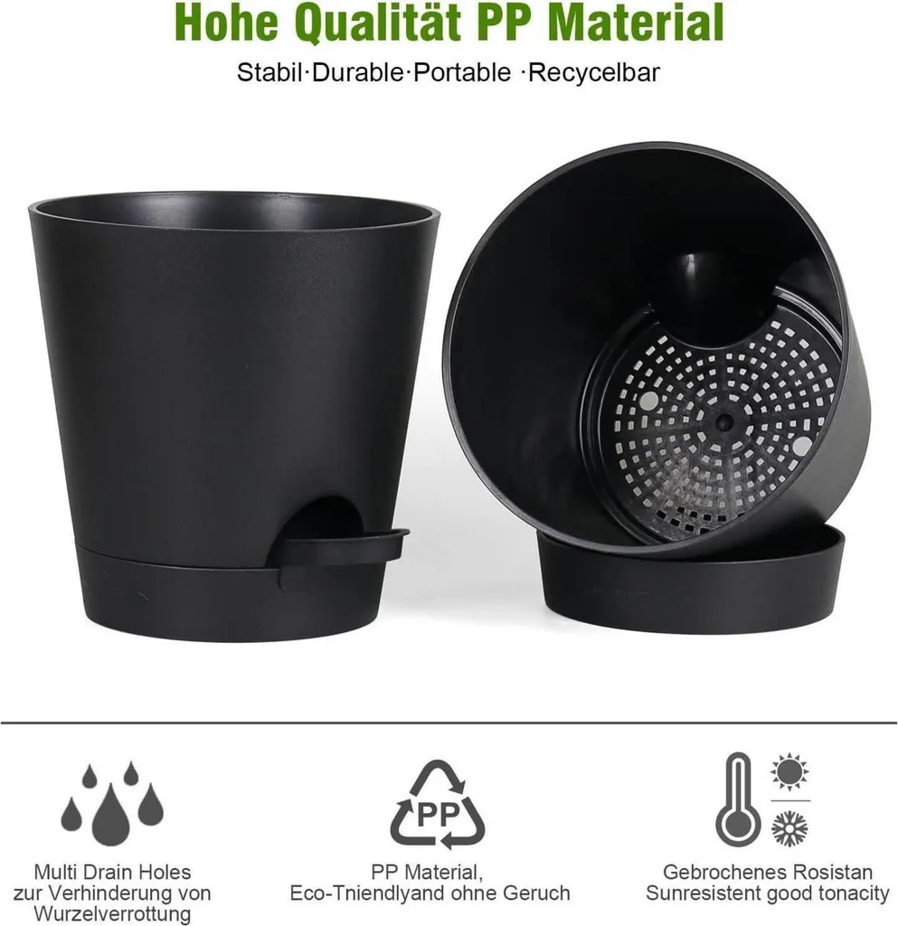 Pots de fleurs avec réserve d'eau Pure Black, lot de 6 pièces multi-tailles