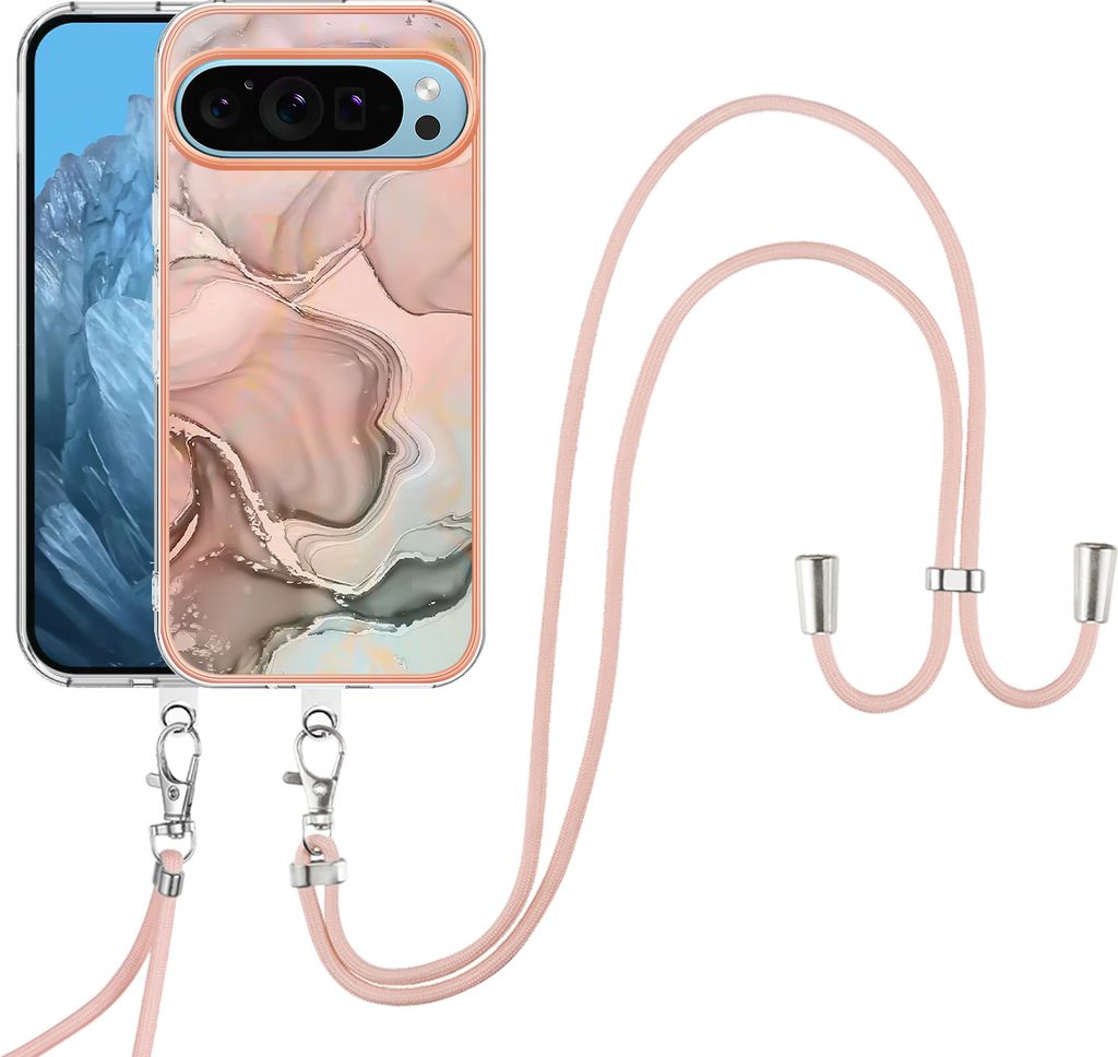 Handykette Hülle für Google Pixel 9 Pro XL Muster TPU Schutzhülle mit verstellbarem Tragegurt Beige