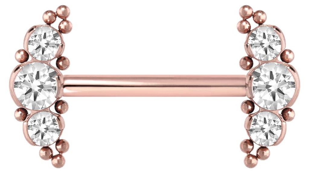 Zungenpiercing, Intim-Piercing Titan Barbell mit Push Fit 3 KRISTALLE + KUGELN RoséGold Stablänge: 14mm