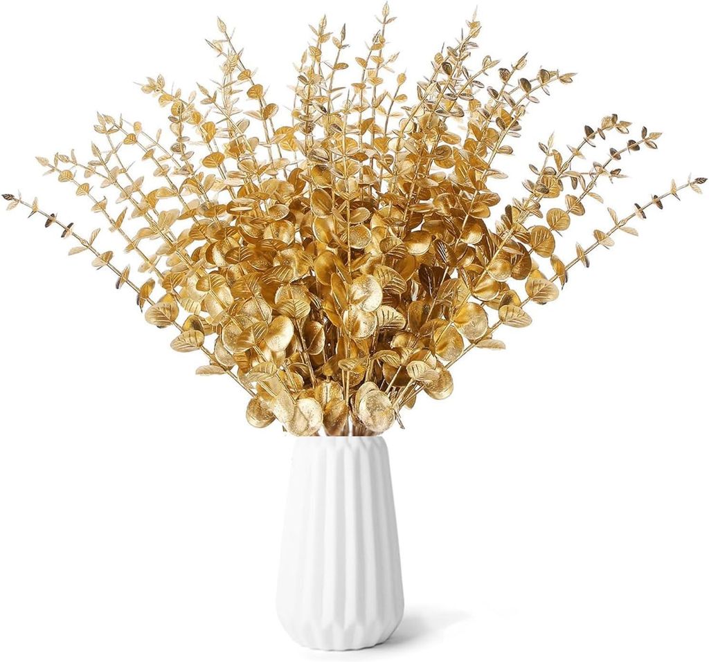 Künstlicher Eukalyptus, 24 Stück, Dekoration mit künstlichen Eukalyptuszweigen, goldenen Eukalyptuspflanzen, künstlichen Eukalyptuszweigen, gol...