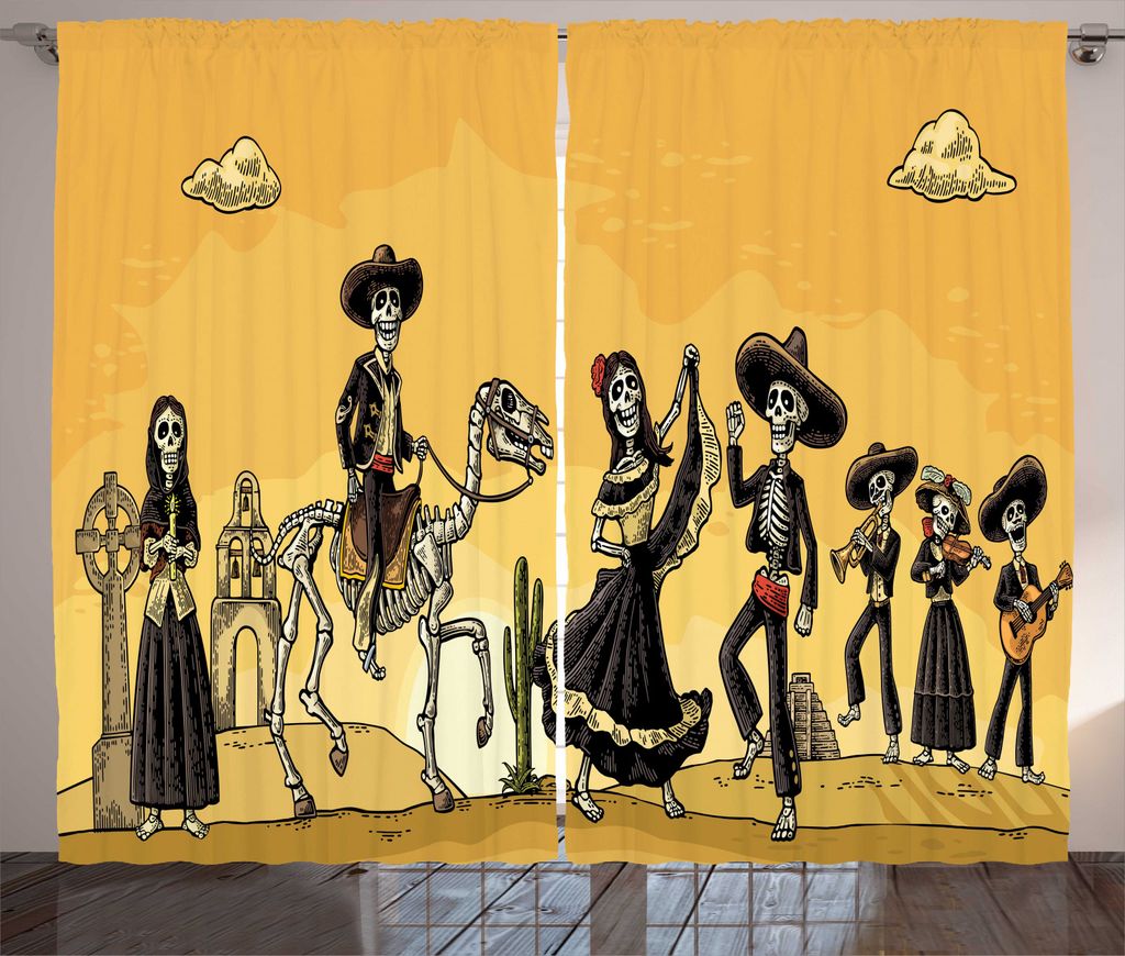 ABAKUHAUS Dia De Los Muertos Rustikaler Vorhang, Skelette Tanz, Wohnzimmer Universalband Gardinen mit Schlaufen und Haken, 280 x 225 cm, Orange Tau...