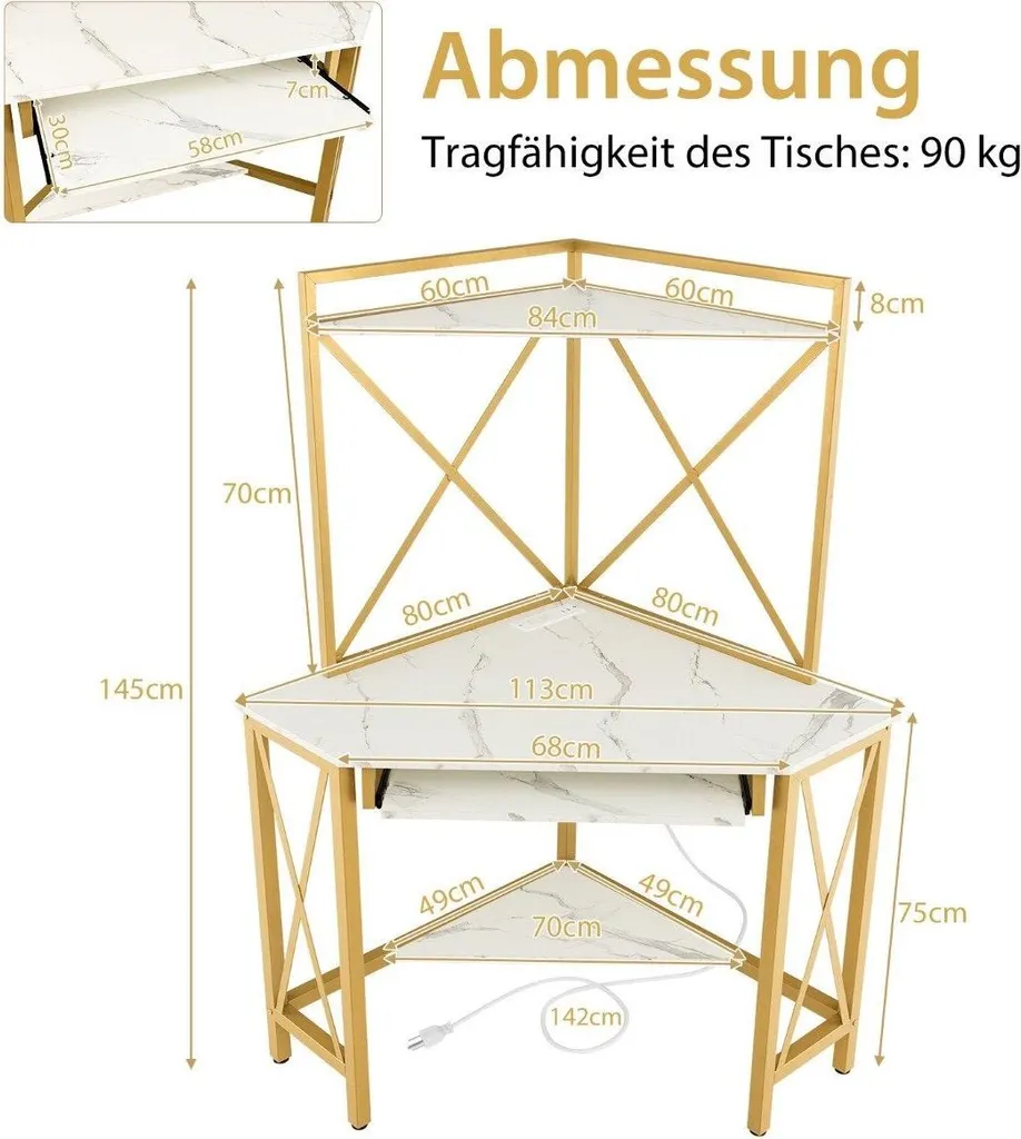 Bureau d'angle avec station de charge et support clavier blanc et or - 3