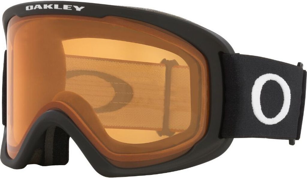 A pair of black Oakley ski goggles with an orange lens, shown from the side.