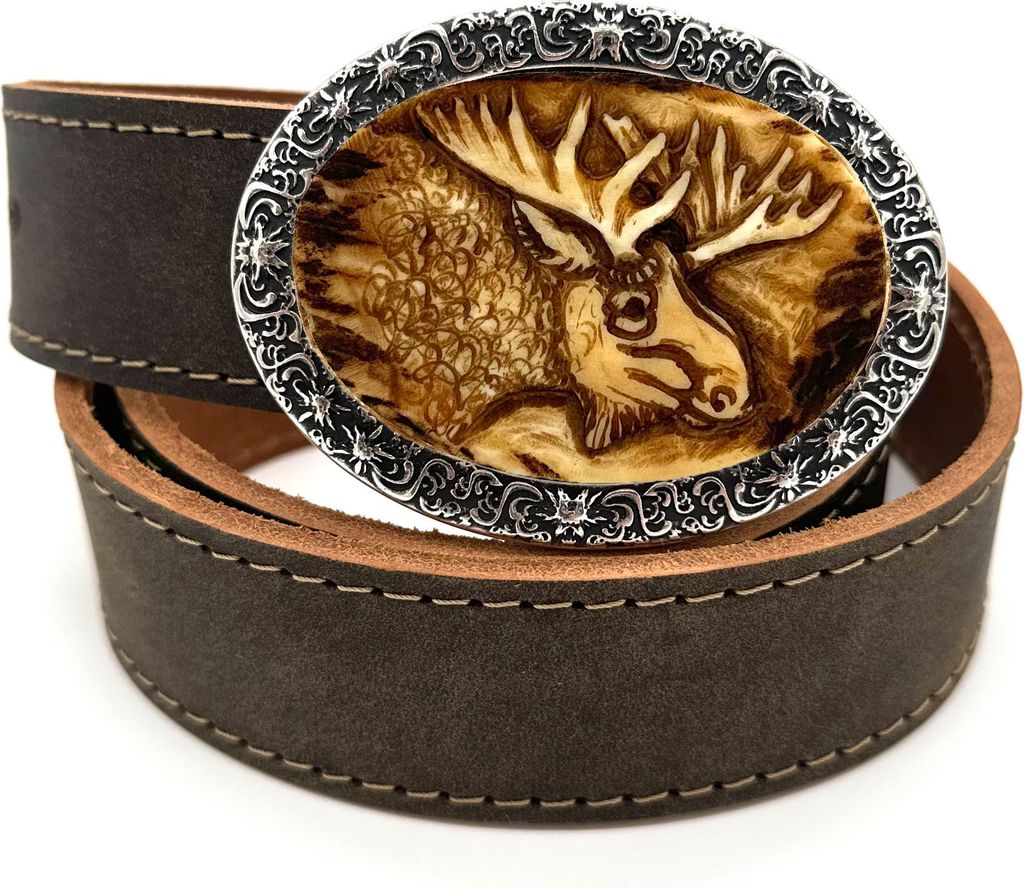Ledergürtel mit handgeschnitztem Elchmotiv (antik-braun) 120cm