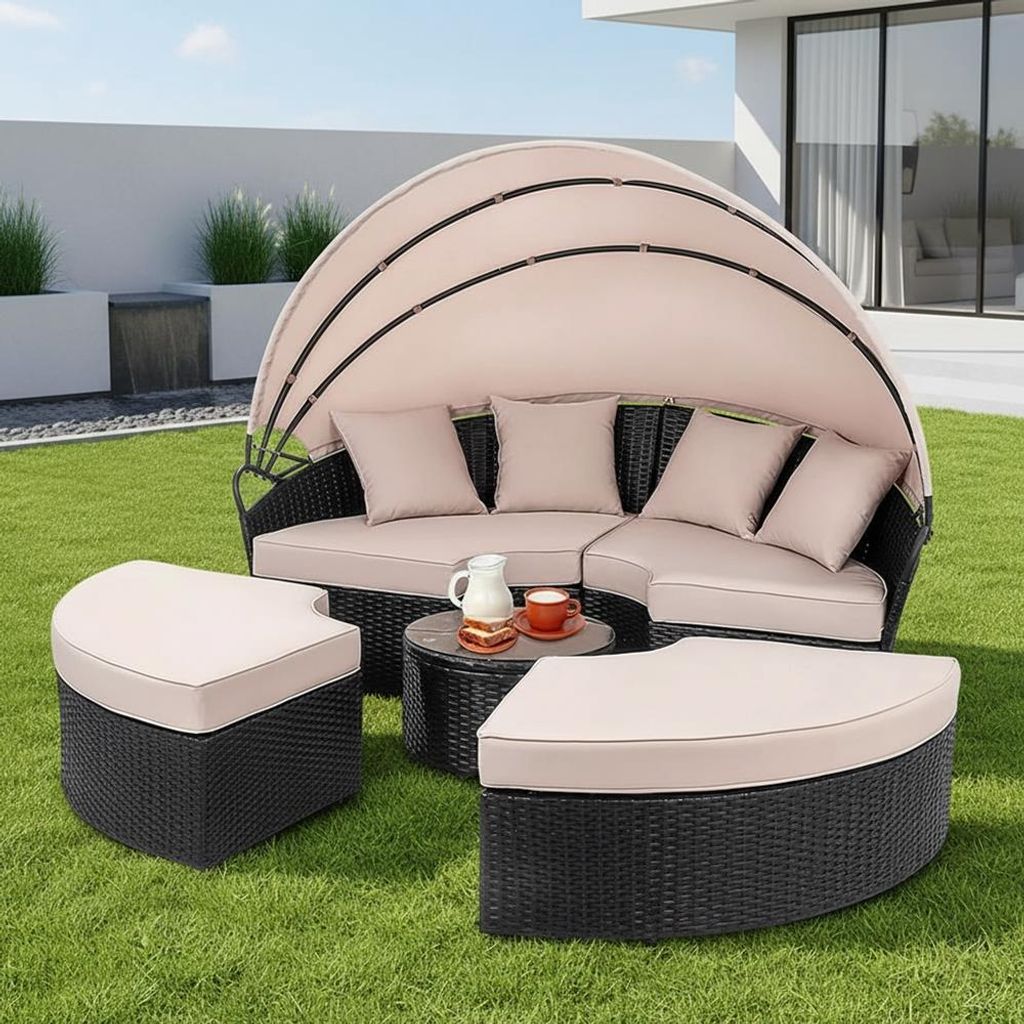 Mucola Sonnenliege Strandkorb Sonneninsel 180CM Tisch Polyrattan Gartenmuschel Set Gartenmöbel Sitzgarnitur Sunbed Kissen Beige - Schwarz
