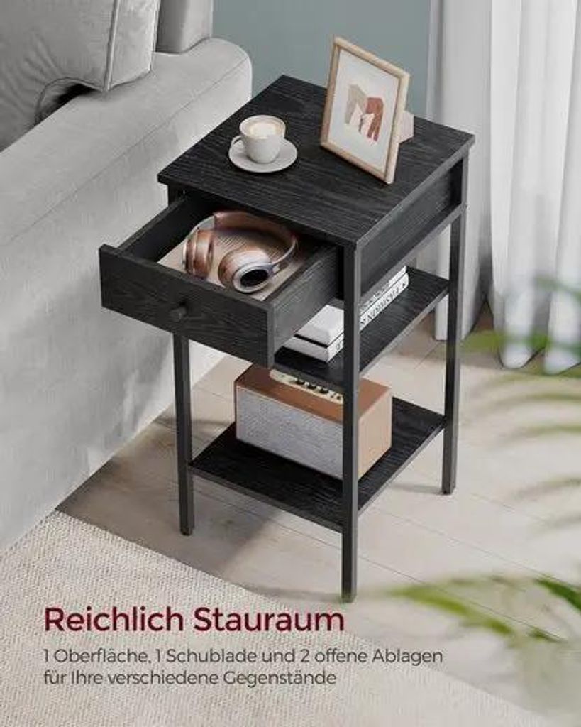 Nachttisch - Beistelltisch - Hoch - Mit Schublade - Zwei Offene Fächer - Modernes Design - Weiß