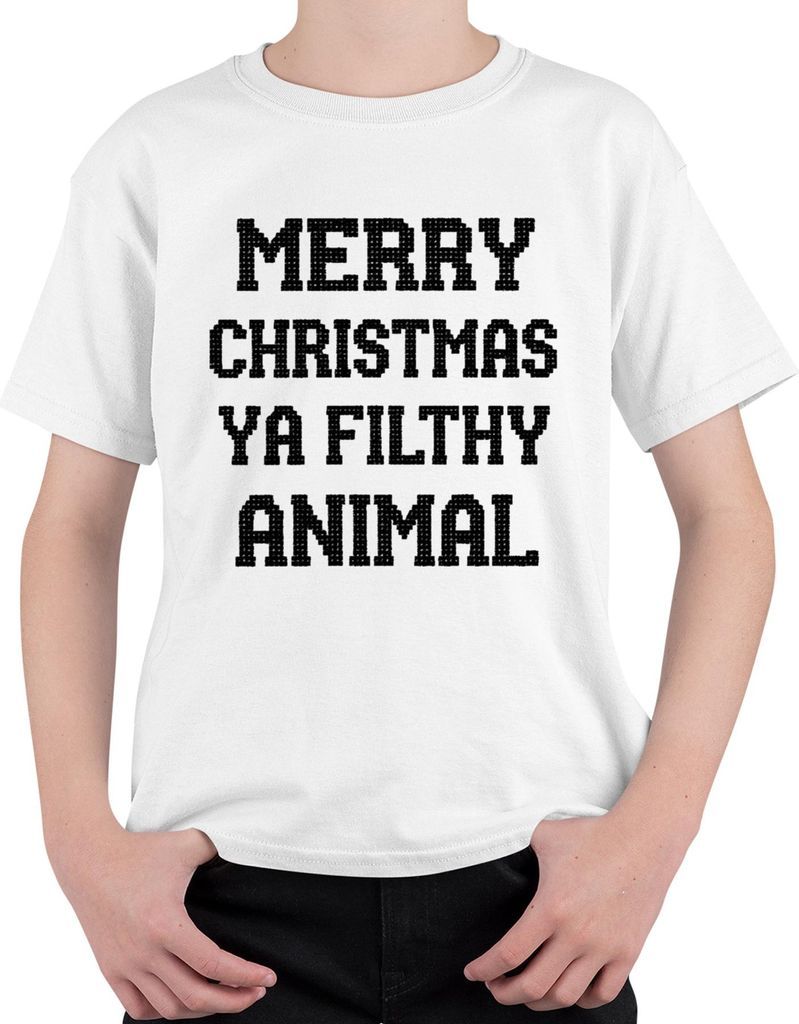 Merry Christmas Ya Filthy Animal lustig Weihnachten Geschenk Uni Kinder T-Shirt, Weiß, 140