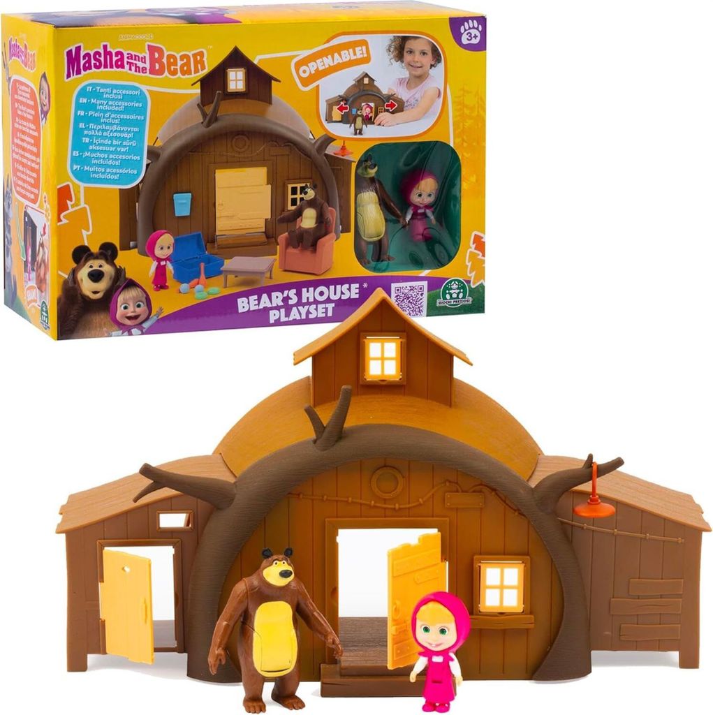 A product shot of a Masha and the Bear playset, including the packaging and the playset itself with figures.