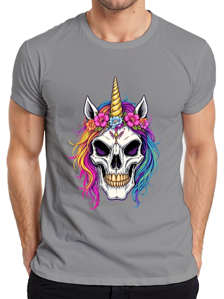 Einhorn Totenkopf bunte Mähne Blumenkranz Horn Gothic Halloween Herren T-Shirt, Grau, XL