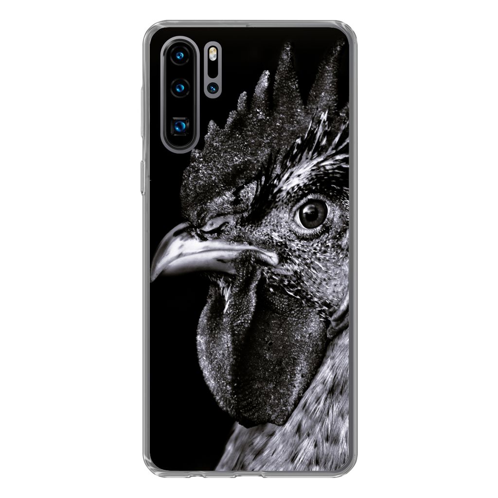 MuchoWow Handyhülle Schutzhülle Hülle für Huawei P30 Pro Hahn - Vogel - Schwarz - Weiß Silikon Softcase Handy Hülle - Schutzdeckel