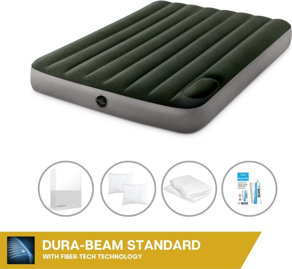 Intex Luftbett - 2 Personen - 137 x 191 x 25 cm - Grün - Mit eingebauter Fußpumpe + Spannbettlaken Weiß + Kopfkissen + Molton 2 in 1 Kissenbezü...