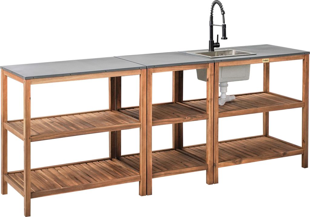 BELIANI Outdoor-Kücheninsel 3er Set Braun u. Schwarz Akazienholz mit Spüle Armatur Modern Outdoor-Küchenmöbel Gartenküche Küchenmöbel für G...