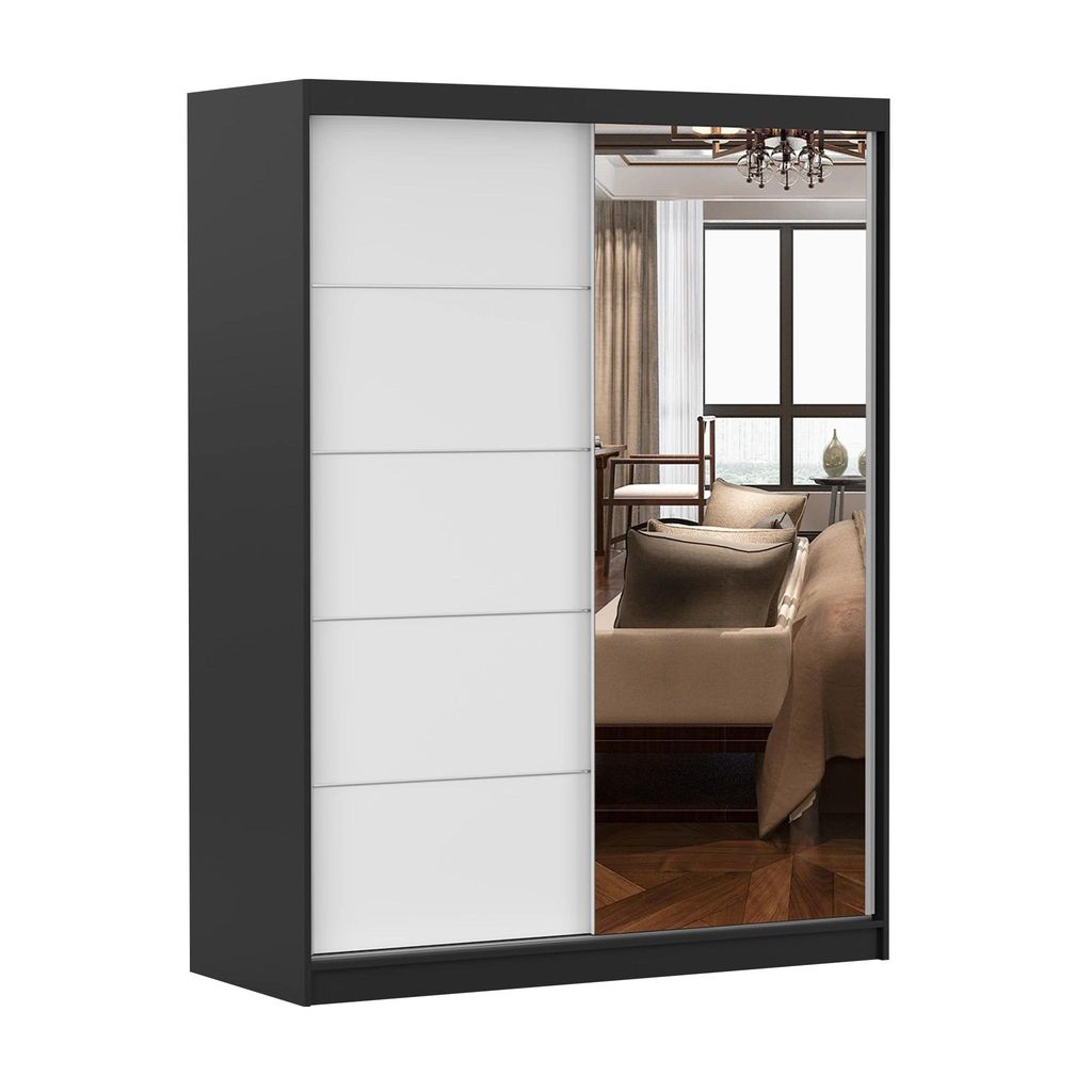 Schwebetürenschran Kleiderschrank 150 cm Schwarz/Weiß mit Produktbild 