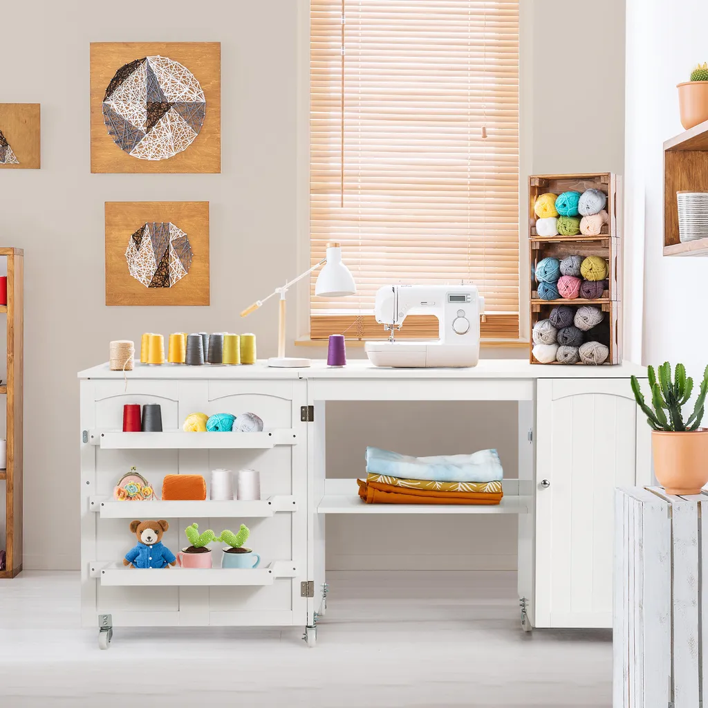 COSTWAY Table à coudre pliable blanche avec armoire de rangement et roues