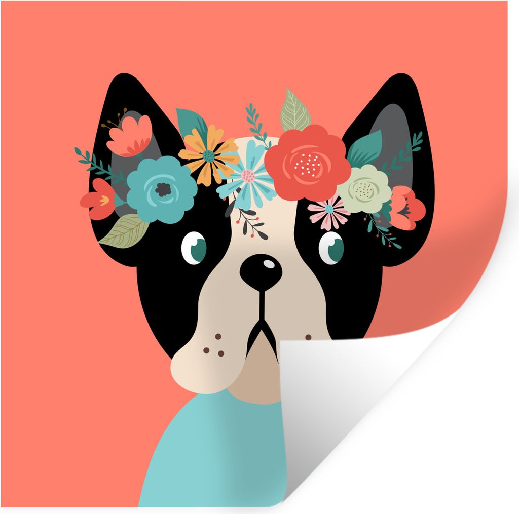 MuchoWow Wandtattoo Wandsticker Wandaufkleber Hund - Blumen - Rosa 80x80 cm Selbstklebend und Repositionierbar - Wierderverwendbar - Selbstklebend