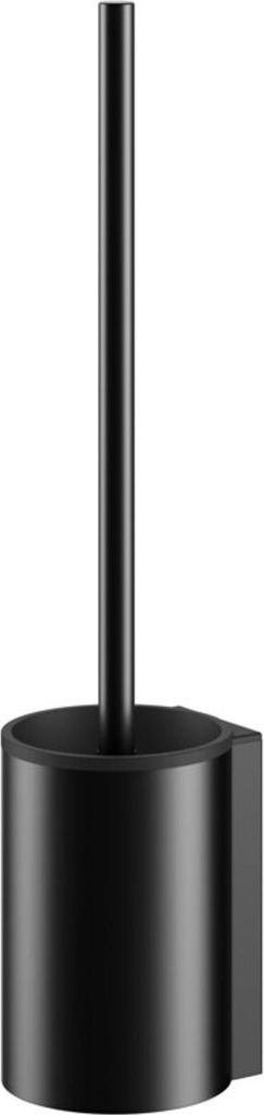 A black toilet brush holder with a handle.