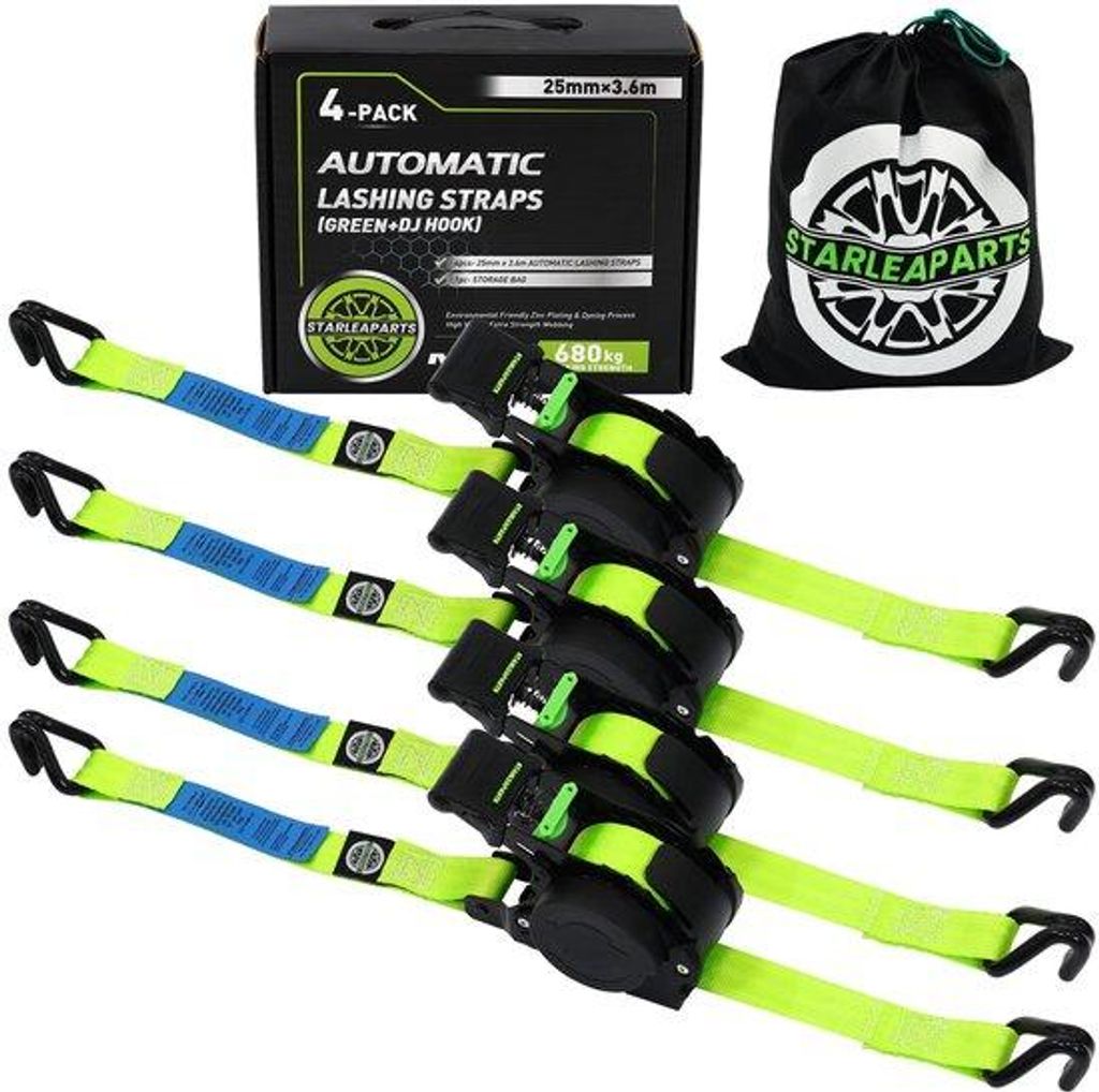 Automatische Spanngurte 4er Set, 3,6m x 25mm, 340kg, grün, für Motorrad, Kajak