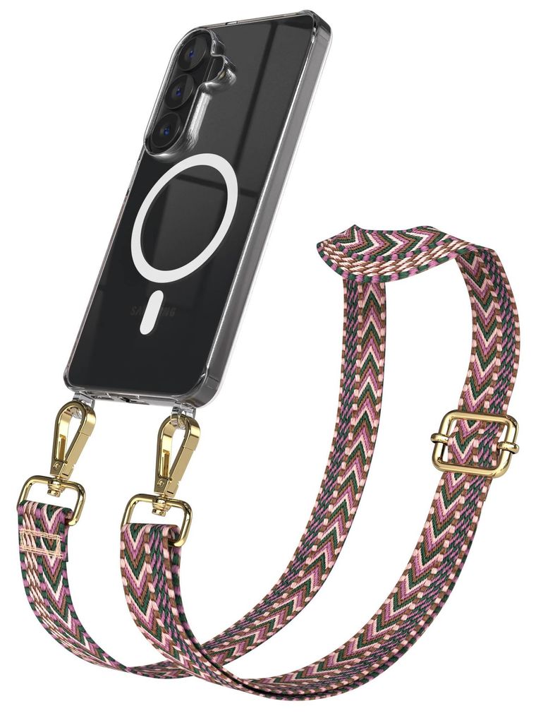 EAZY CASE - Handykette mit MagSafe Hülle für Samsung Galaxy S26, Handyband ZickZack Style, Karabiner Gold, Umhängeband in Dunkelrot