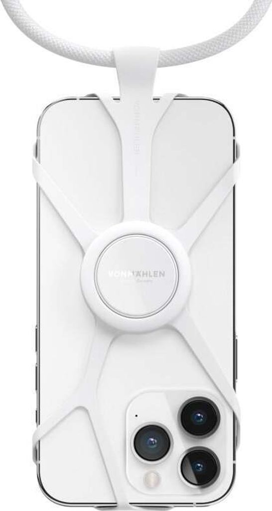 The back of a white smartphone with a white phone chain attached.