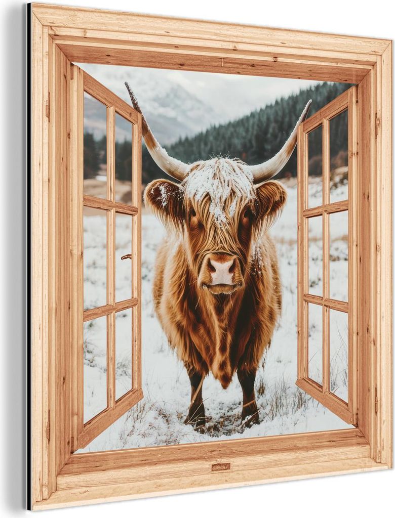 MuchoWow Wanddekoration Metall Metallbild Wandkunst 50x50 cm Schottische Hochlandrind - Landschaft - Ländlich - Berge - Winter - Ansichten MuchoWo...