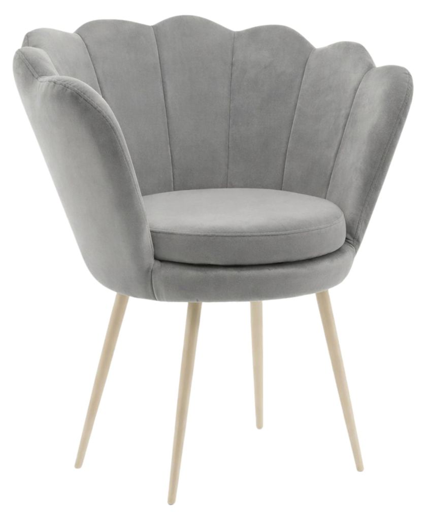 Grauer Muschelstuhl SHELL mit kaschmirfarbenen Beinen für den Schminktisch im Wohnzimmer, mit Veloursbezug