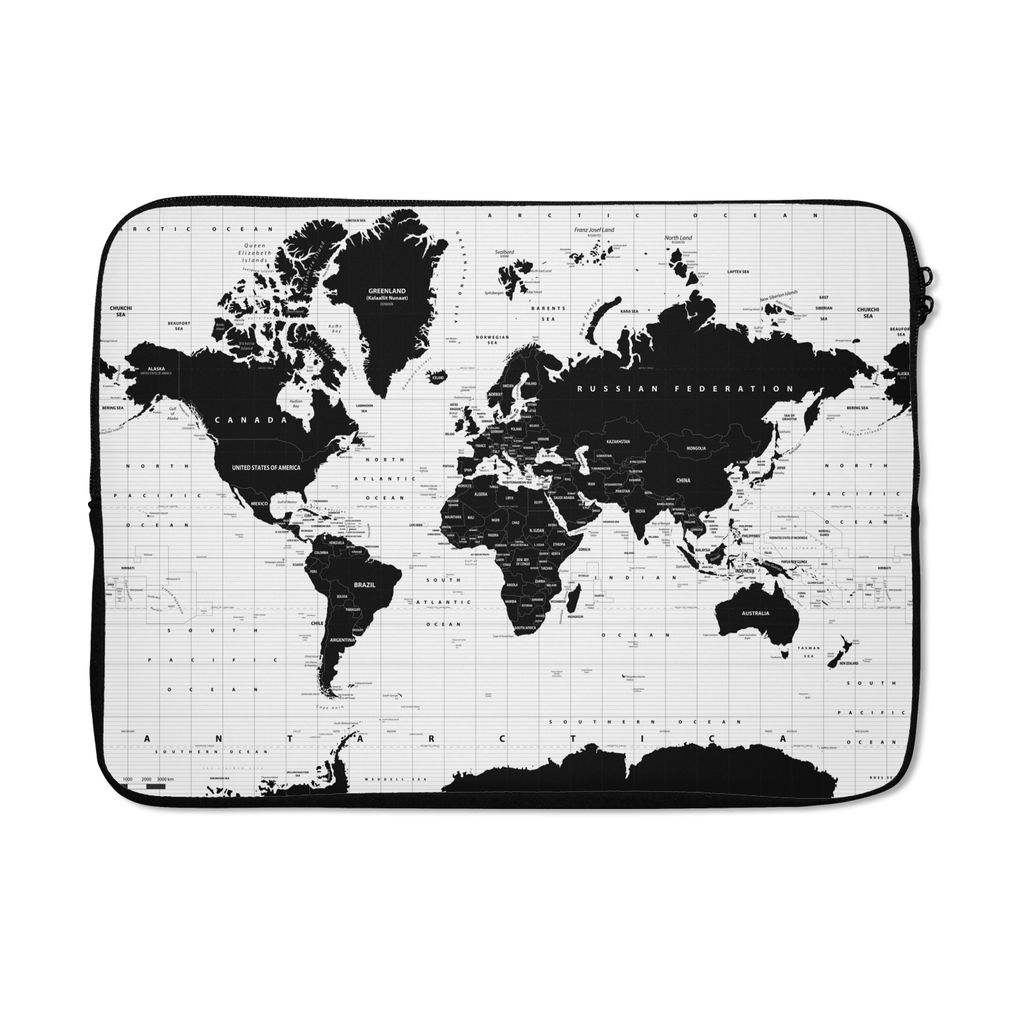MuchoWow Laptop Hülle 14 ZollWeltkarte - Schwarz - Weiß - Atlas - Erde - Bildung Laptoptasche - Laptoptasche - Stoßsicher - Schutzhaube