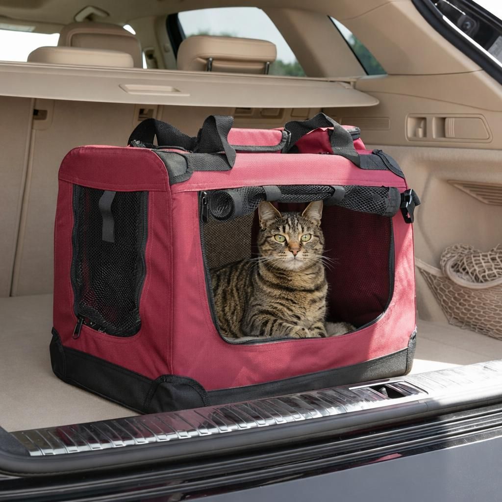 belviona Katzentransportbox, leichte & stabile Transporttasche Katzen, faltbar mit Mesh-Fenstern, Innenkissen & Taschen, 50x34x36 cm, weinrot