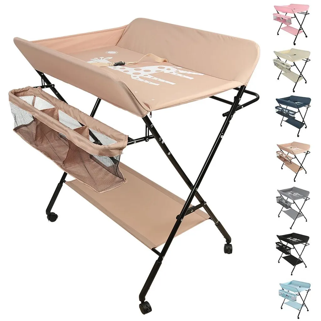 Table à langer pliable rose avec roulettes et structure métallique L75