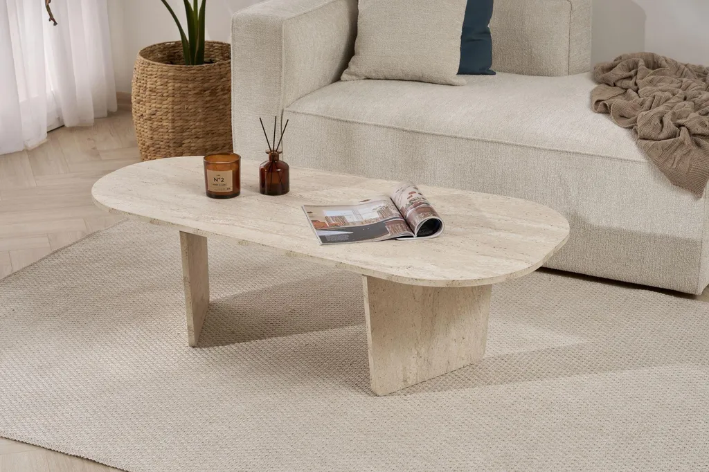 Table Basse Ovale Design Marbre Blanc 130x65 cm, Modèle Dozza Chic