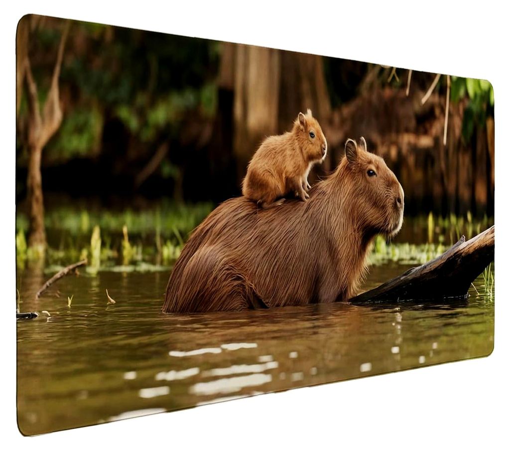 Capybara Mutter mit Baby Schreibtischunterlage 69x31cm XXL Mauspad für Naturfreunde Tier-Mousepad für Natur-Enthusiasten, lustige Tischunterlage