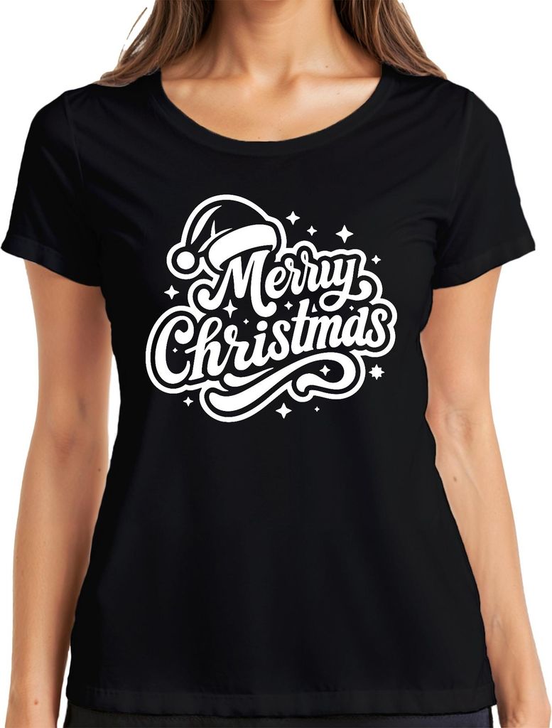 Merry Christmas Santa Hat Sterne Weihnachten Geschenk Vintage Damen T-Shirt, Schwarz, XL