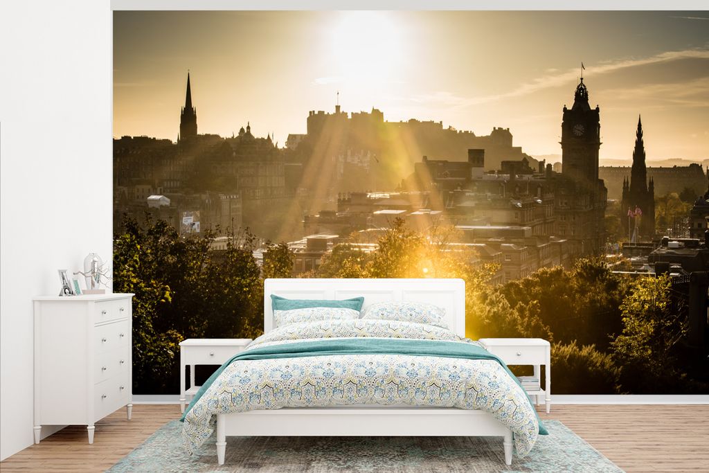 MuchoWow Fototapete für Wohnzimmer oder Schlafzimmer Wandtapete Vinyl Motivtapete Architektur - Sonne - Edinburgh - 375x240 cm - Wand Tapete