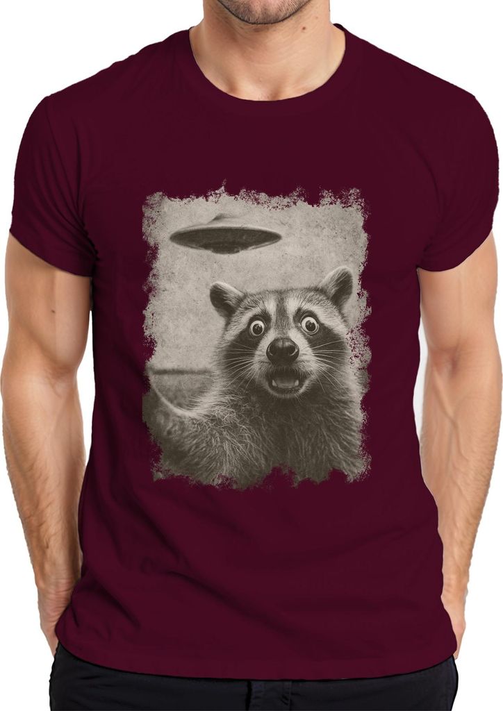 Waschbär UFO Vintage retro Alien lustig SciFi Weltraum sepia Herren T-Shirt, Burgundy, XXL