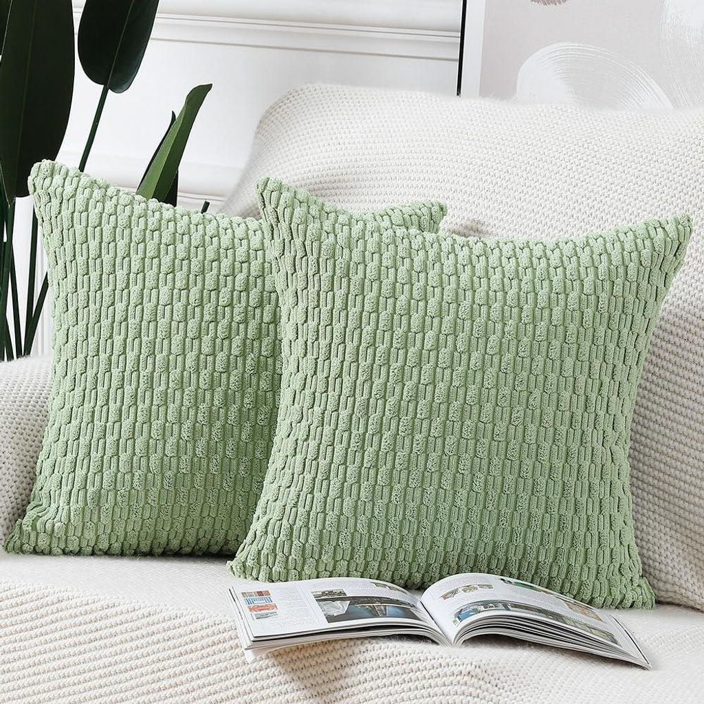 Set mit 2 gestreiften Boho-Kissenbezügen, weiche Cord-Dekokissenbezüge für das Sofa im Schlafzimmer, hellgrün, 45 x 45 cm