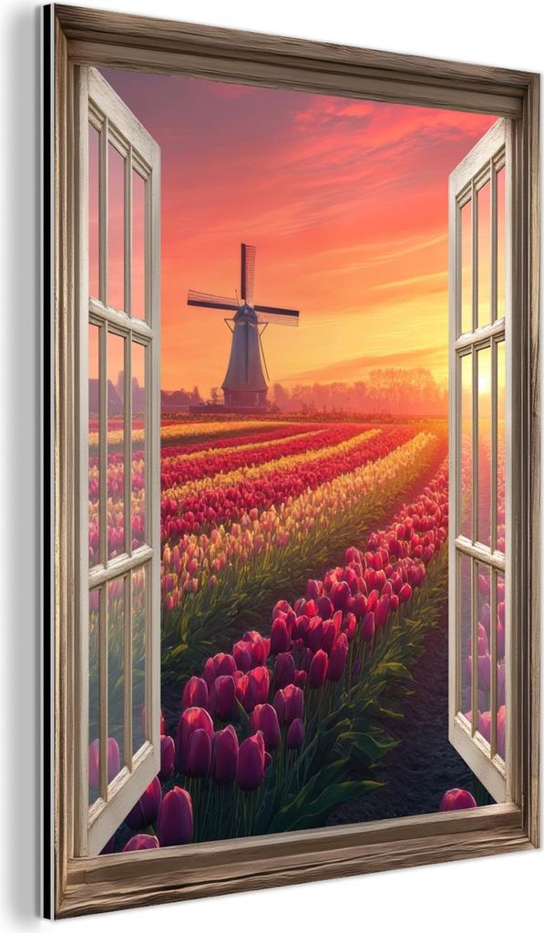 MuchoWow Wanddekoration Metall Metallbild Wandkunst 30x40 cm Ausblick - Tulpen - Sonnenuntergang - Blumen - Bunt MuchoWow Aluminium Gemälde - Bilder