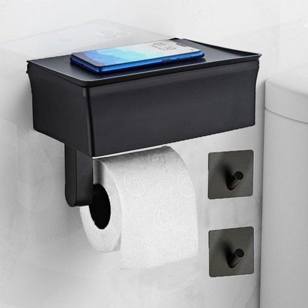 Toiletrolhalter mit feuchten Tuchbox, ohne Bohren, Toiletrolhalter, Badkamerhalter, selbstklebend oder bohrend, schwarz