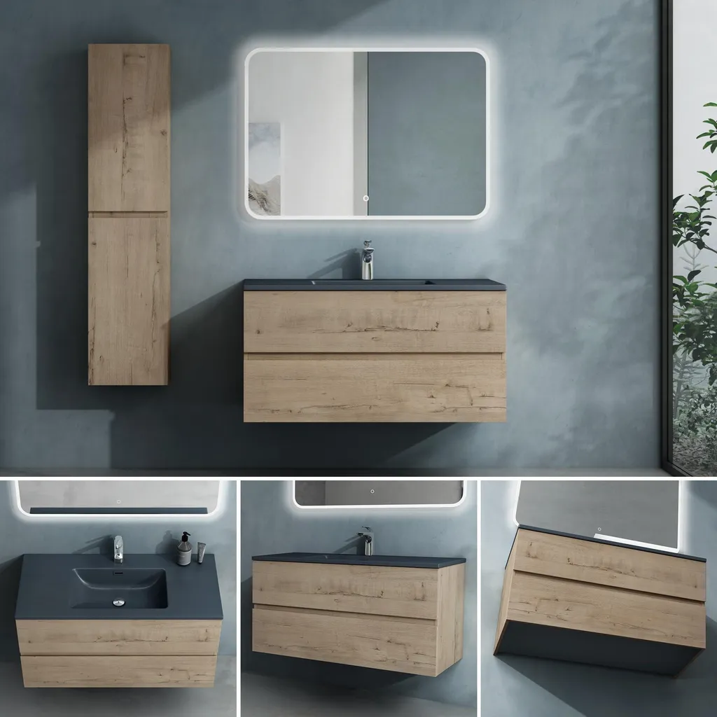 Meuble Vasque 100cm Solid Surface Gris Noir et Finition Chêne Clair