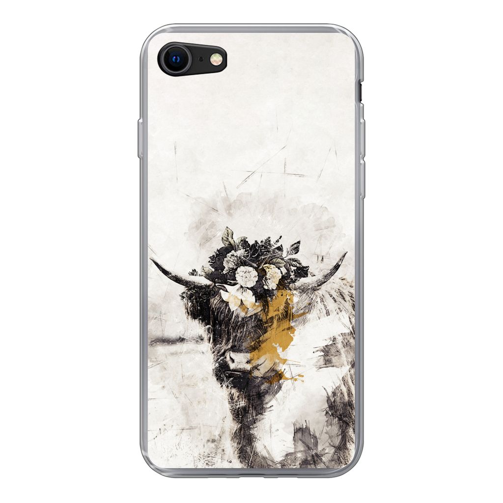 MuchoWow Handyhülle Schutzhülle Hülle für iPhone 7 Schottischer Highlander - Farbe - Blumen Silikon Softcase Handy Hülle - Kartenhalter