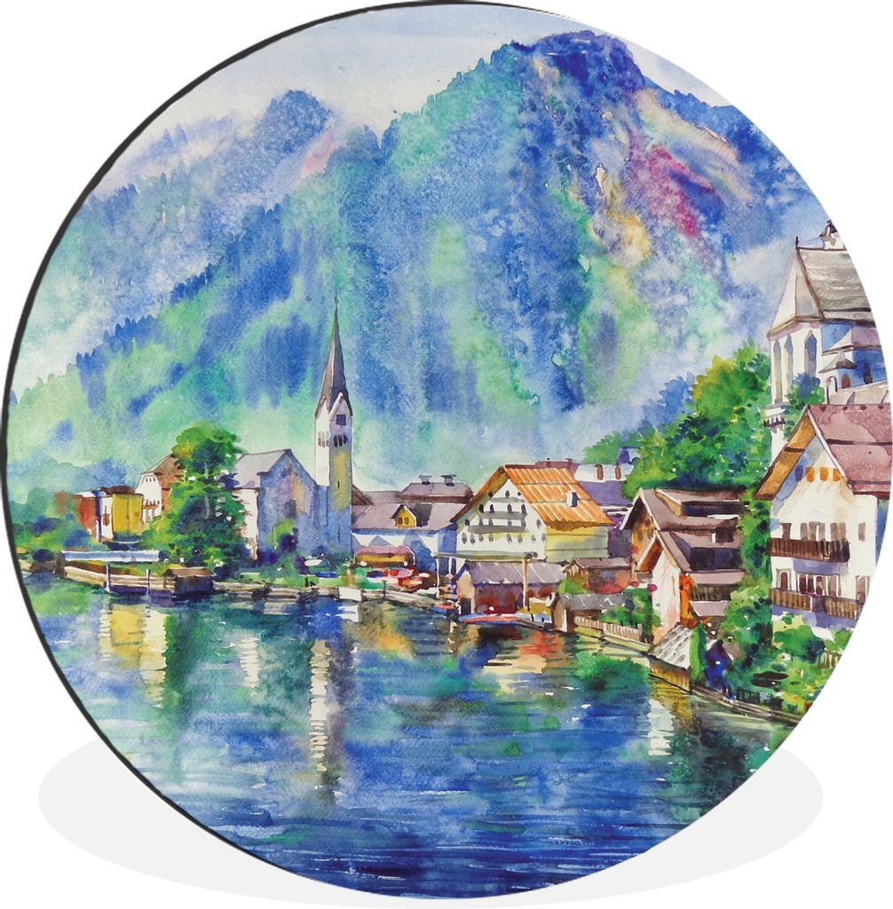 MuchoWow Aluminium Wandkreis Gemälde - Ölfarbe - Haus - Berge - Wasser Ø 60 cm Wanddeko Modern Wohnzimmer - Wand Kreis - Wandbild - Schlafzimm...