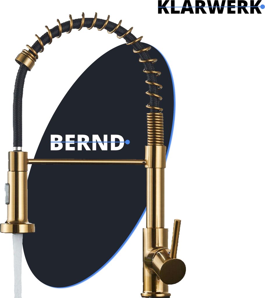 Bernd | Gastronomie Gold gebürstet Flexible Armatur | Edelstahl Wasserhahn Küche | Mischbatterie 360 Grad drehbar | Hochdruck 2 Anschlüsse