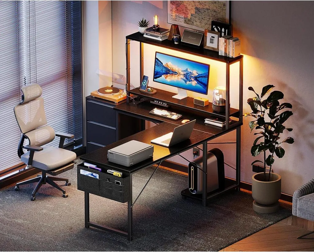 Grand bureau informatique en L avec éclairage LED et prises USB intégrées - 7
