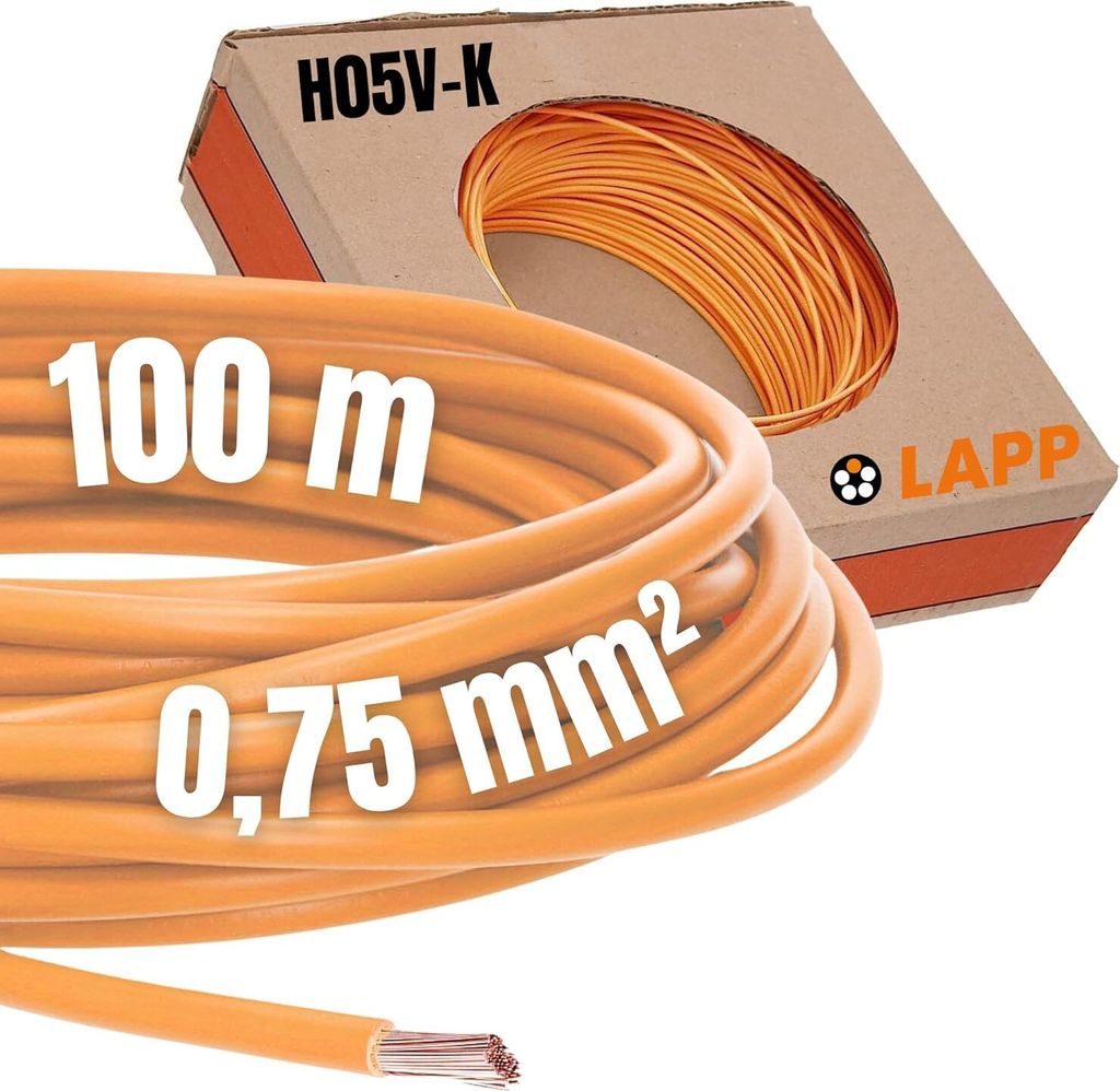100 Meter Lapp 4510092 H05V-K 0,75 mm² orange I Verdrahtungsleitung I Aderleitung flexibel I PVC Einzelader I Draht Litze 0,75mm2 I Verdrahtung