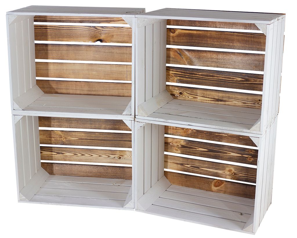 5x Moderne weiße Obstkiste / Holzkiste mit geflammtem Produktbild 