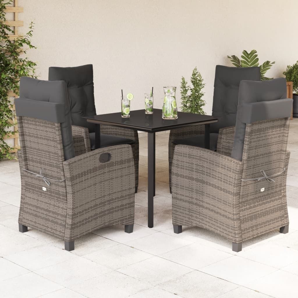 Design 5-tlg. Garten-Essgruppe mit Kissen Grau Poly Rattan, Gartenmöbel-Sets 2024 Neu