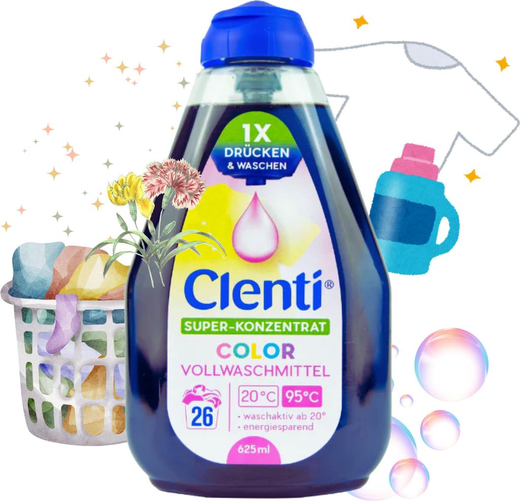 CLENTI Color Waschmittel Flüssig 10 x 625ml mit Dosierkappe - 260 Waschladungen