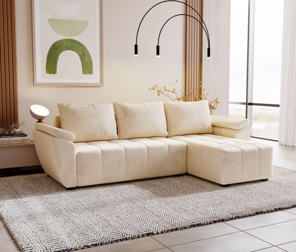 BEDANTE Ecksofa ZEUS L Monolith 02 Rechts Beige mit Schlaffunktion L-Form Sofa mit Stauraum Bettkasten Wohnzimmersofa Couch Sofa Bettsofa Bettkaste...